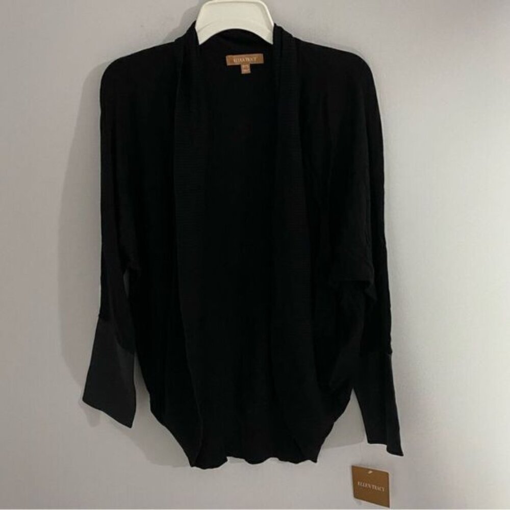 Ellen Tracy Womens Black Faux Leather Trim Open Front Cardigan Sweater
